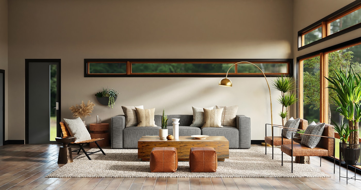Doğal ahşap ve sıcak tonlarla tasarlanmış modern salon